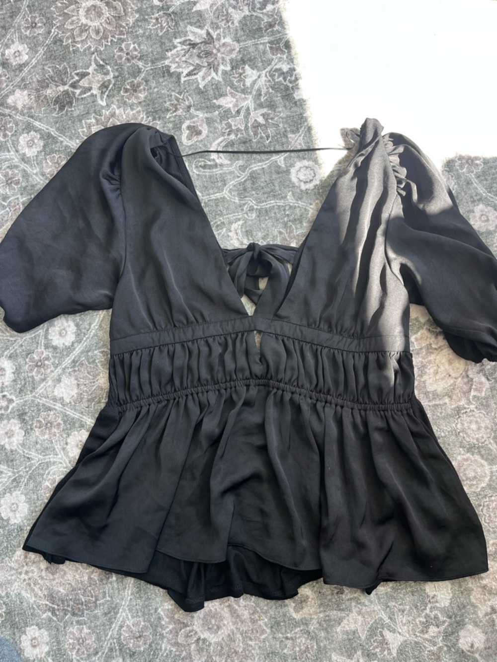 DOLAN (Anthropologie) Black Peplum V-Neck Tie-Back Women's Top